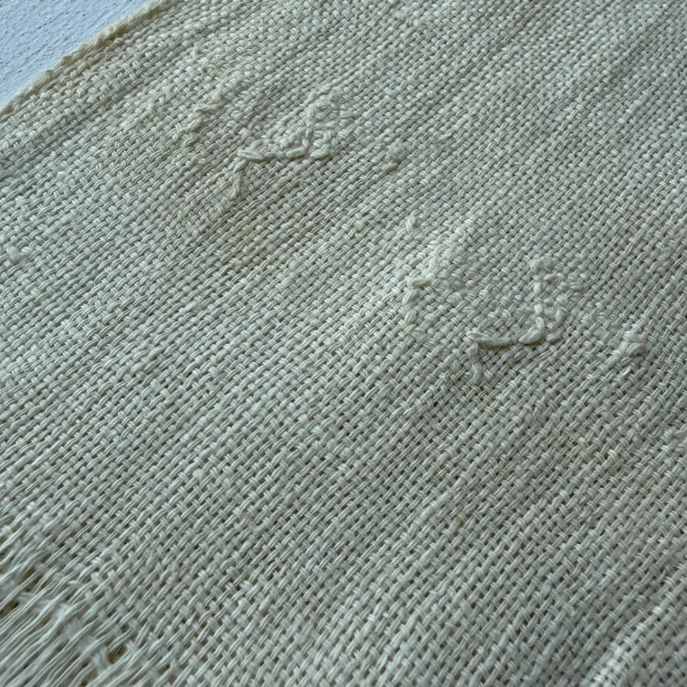 Vintage Handwoven Linen Textile Table Runner Cream White Fringe Frayed Edge 42in